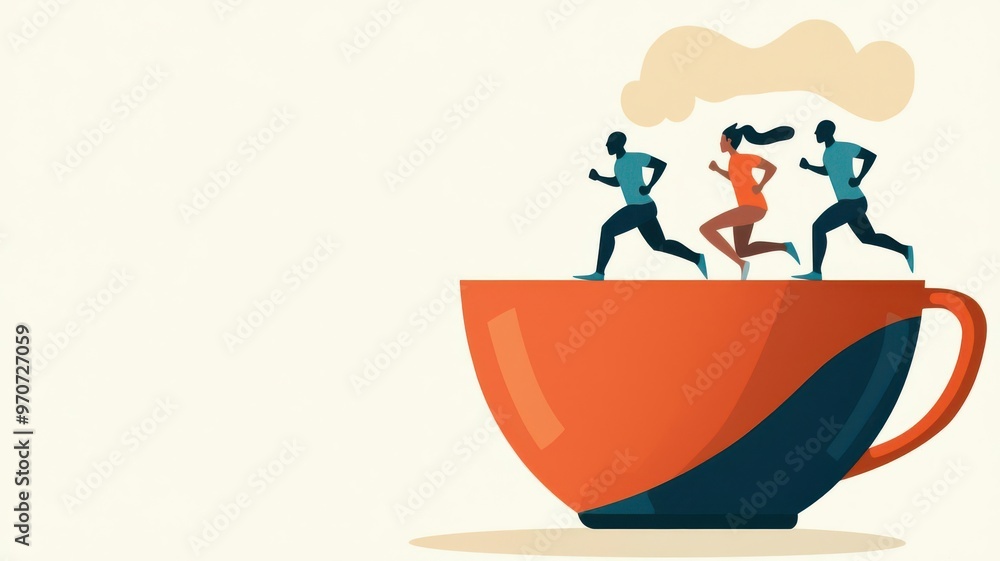Runners sprinting on the rim of a giant teacup, steam swirling above, Modern art poster, dynamic motion, surreal tea party Runners sprinting on the rim of a giant teacup, steam swirling above, Modern art poster, dynamic motion, surreal tea party