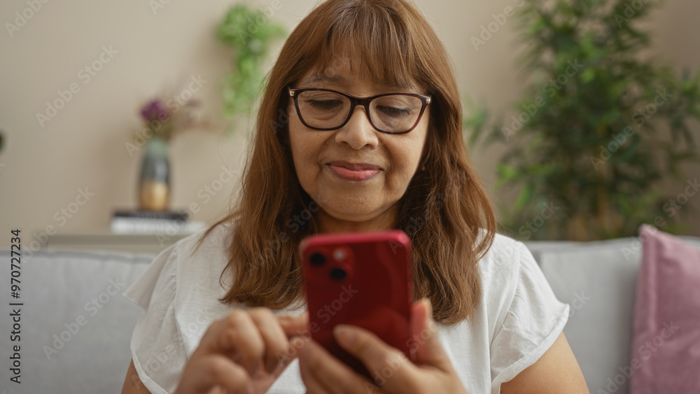 An elderly hispanic woman using a smartphone in a cozy indoor living room setting. An elderly hispanic woman using a smartphone in a cozy indoor living room setting.
