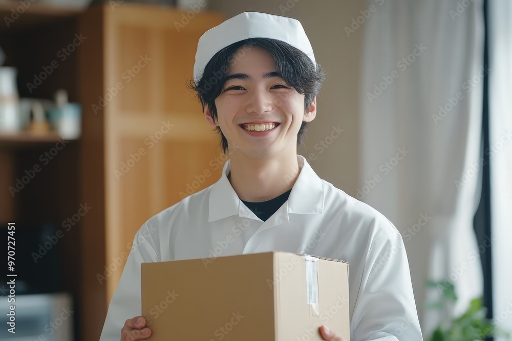 smiling Japanese courier in white uniform holding cardboard box, bright indoor setting with cheerful professional mood smiling Japanese courier in white uniform holding cardboard box, bright indoor setting with cheerful professional mood