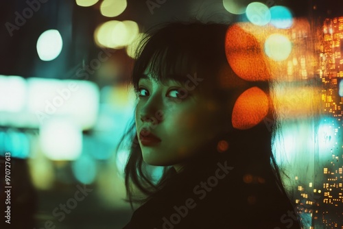 Polaroid of Asian woman in New York, missing home, dark experimental 2000s aesthetic with neon lights and seaside color palette photo