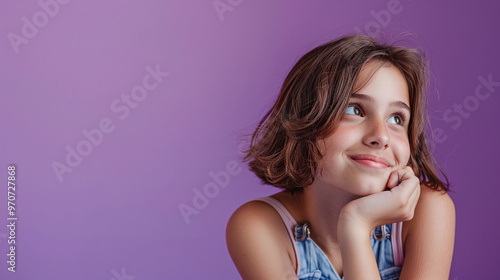 Young girl model thinking about future, looking into empty space, on bright purple background