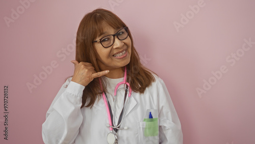 Middle-aged hispanic female doctor smiling and gesturing a phone call over an isolated pink background.