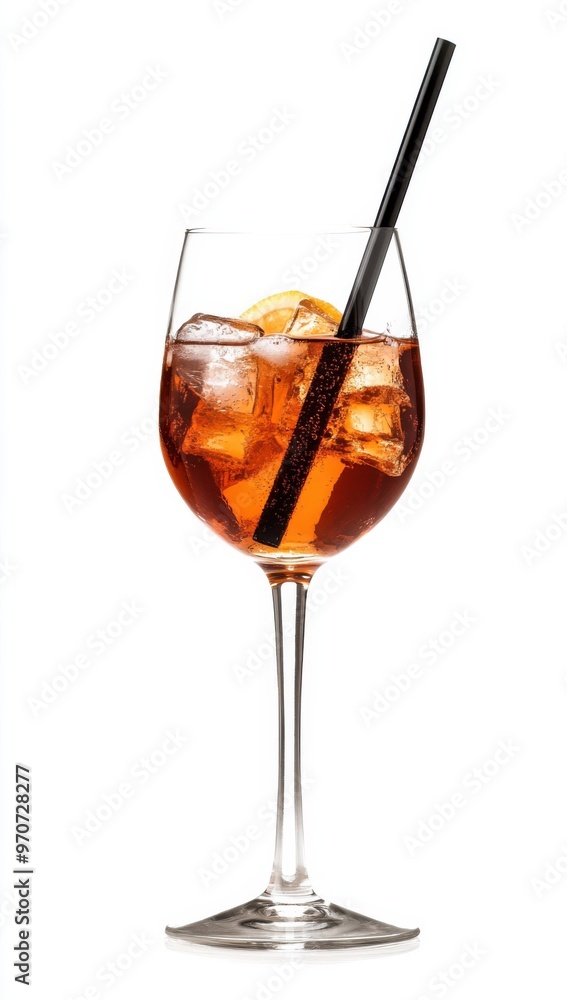 Refreshing Aperol Spritz cocktail in a glass with ice and a black straw on a white background, capturing a sense of summer relaxation and elegant enjoyment