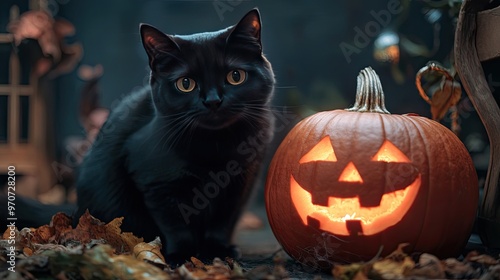 A close-up of a black cat sitting next to a carved pumpkin, surrounded by spooky Halloween decor.