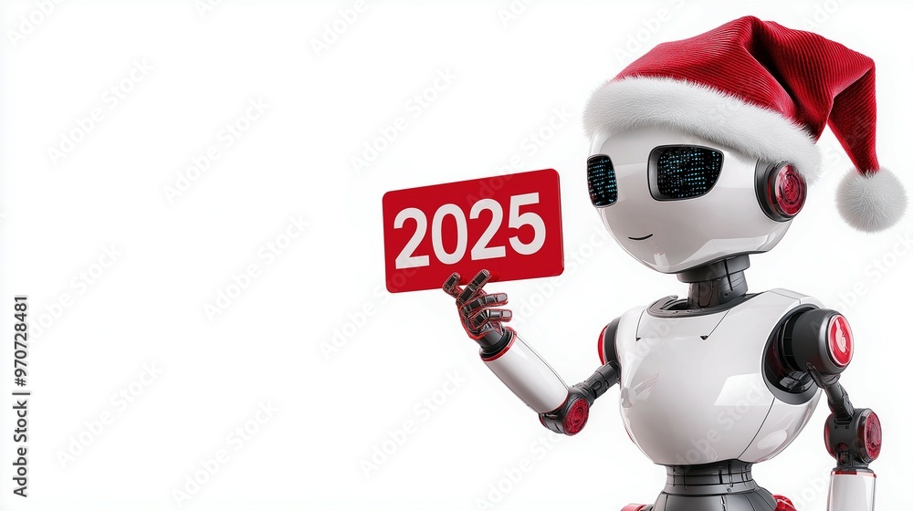 Cyborg KI Roboter zu Weihnachten als Weihnachtsmann mit roter Mütze hält Schild auf dem steht Jahr 2025 Neujahresgrüße mit Grußkarte zu Neujahr Generative AI Cyborg KI Roboter zu Weihnachten als Weihnachtsmann mit roter Mütze hält Schild auf dem steht Jahr 2025 Neujahresgrüße mit Grußkarte zu Neujahr Generative AI