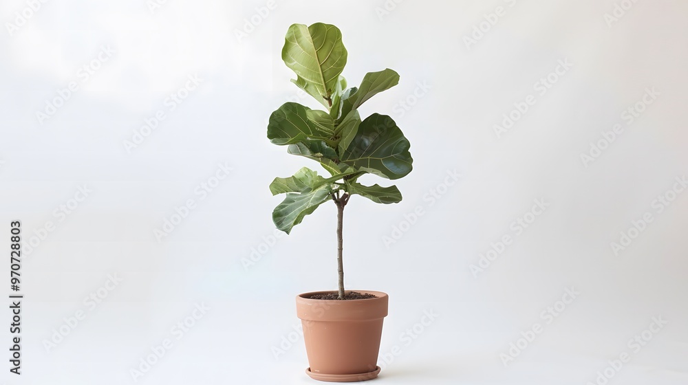Fototapeta premium Fig plant in a stylish terracotta pot, standing against a white backdrop