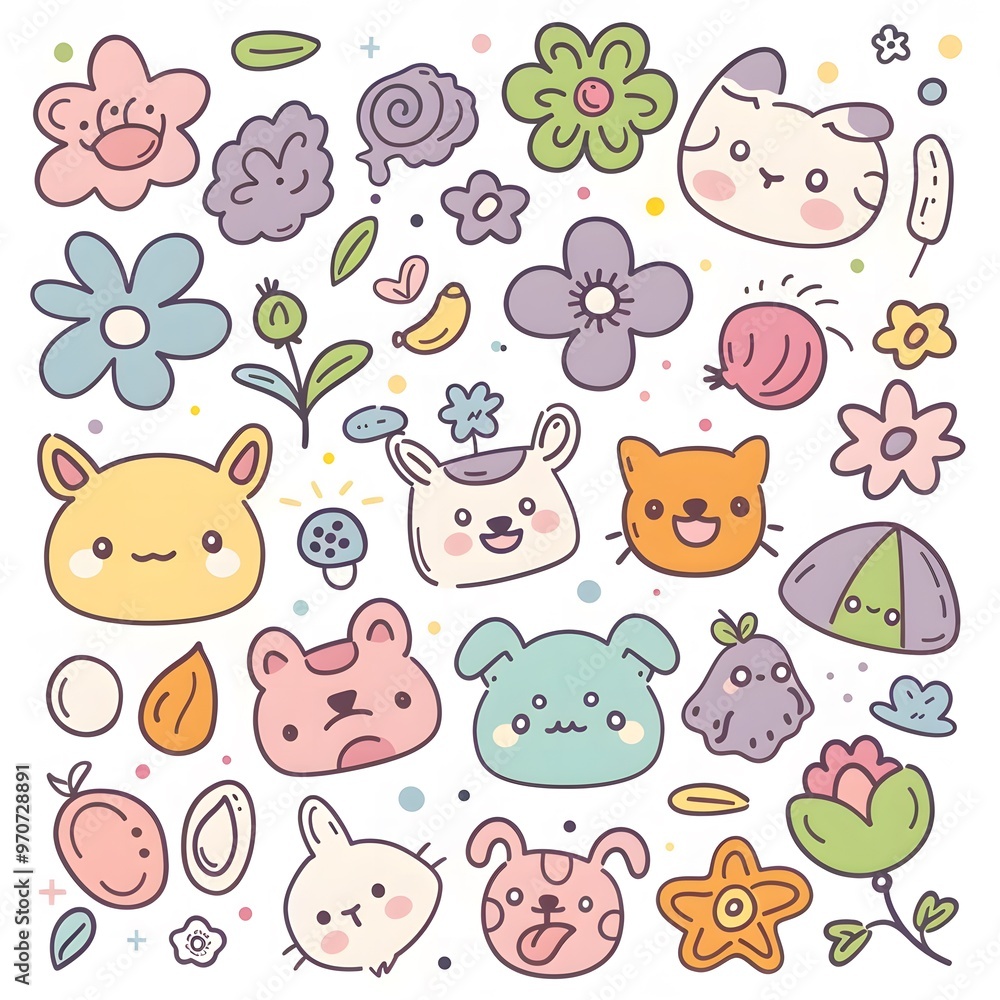 Kawaii icons of dogs, flowers, and seeds, doodle style in pastel colors, simple lines, cute faces on a white background Kawaii icons of dogs, flowers, and seeds, doodle style in pastel colors, simple lines, cute faces on a white background