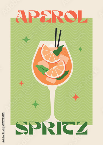 Poster drink. Cocktail art. Spritz. Retro posters with alcohol cocktails. 90s 80s 70s groovy posters. Modern trendy print. Drink with fruit and ice.