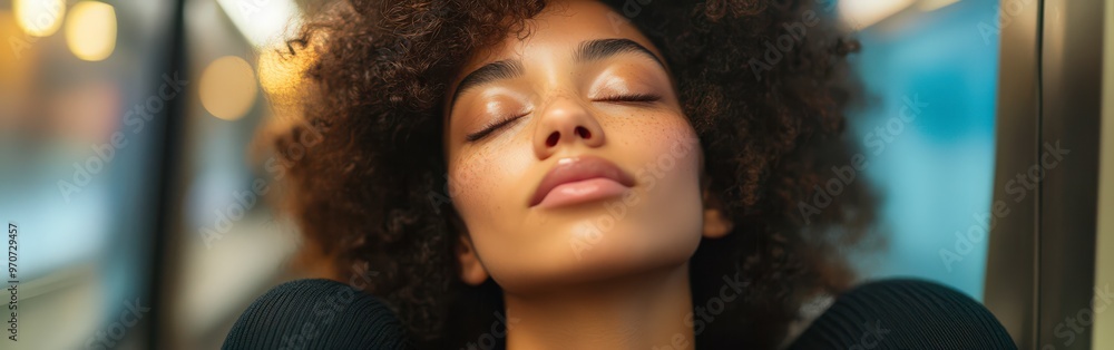 Woman Relaxing with Eyes Closed in a Subway Train Woman Relaxing with Eyes Closed in a Subway Train