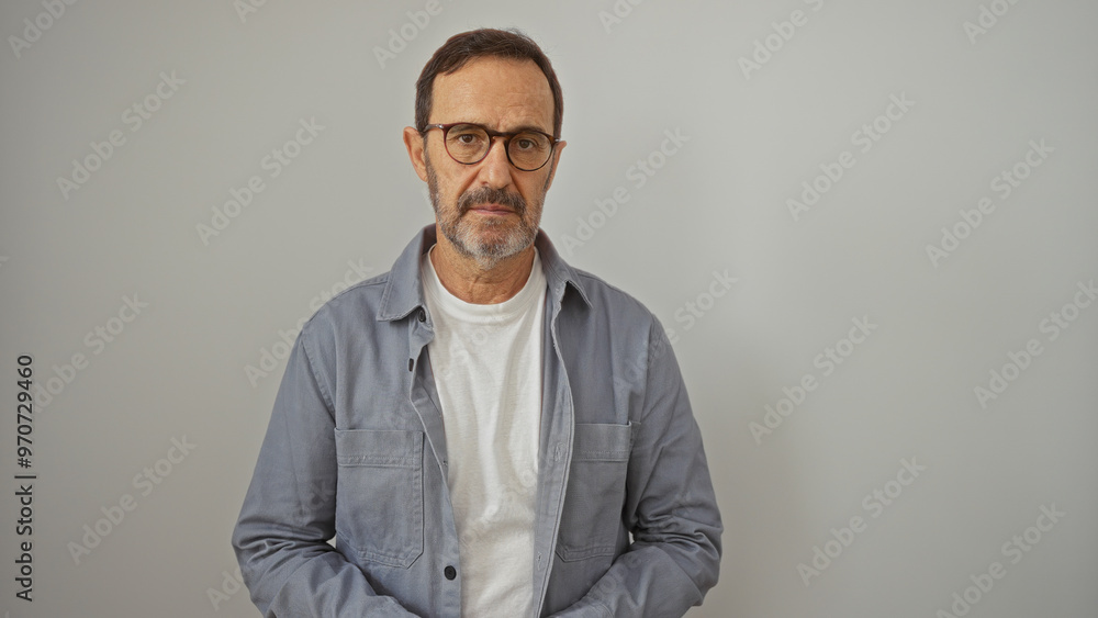 Handsome mature hispanic man in glasses and casual clothing standing isolated against a white wall background Handsome mature hispanic man in glasses and casual clothing standing isolated against a white wall background