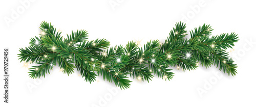 Christmas tree decoration. Holiday fir tree garland, festive Christmas divider. Winter season frame, realistic spruce branch with glowing Christmas lights. Transparent background in vector file.