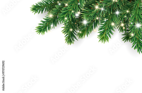 Christmas tree decoration. Holiday fir tree garland, festive Christmas corner. Winter season frame, realistic spruce branch with glowing Christmas lights. Transparent background in vector file.
