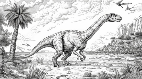 Fototapeta Naklejka Na Ścianę i Meble -  Let your imagination roam free with this dinosaur coloring book, featuring a range of dinosaurs from the fierce T-Rex to the gentle Brachiosaurus.