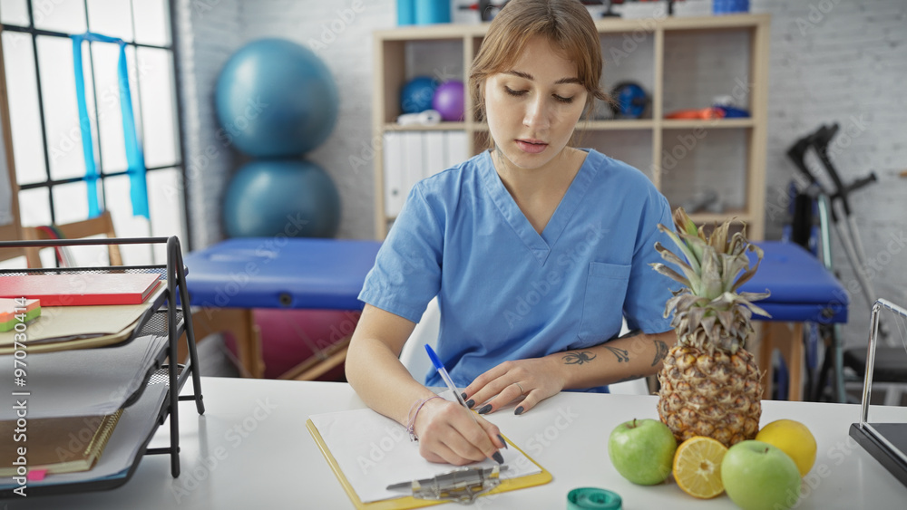 Fototapeta premium Focused woman working in a modern physiotherapy clinic with stationery and fruits on desk.