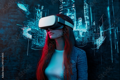 Young girl, woman with VR glasses immersed in virtual reality, Abstract neon light, surreal background, technology of the meta-universe photo