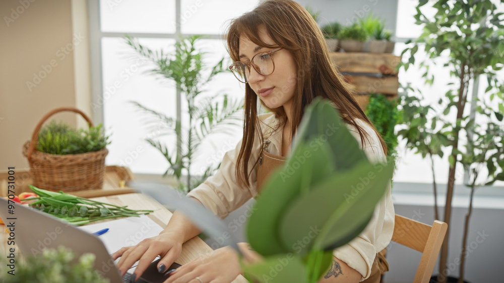 Obraz premium A young woman works on her laptop surrounded by plants in an indoor floral shop setting.