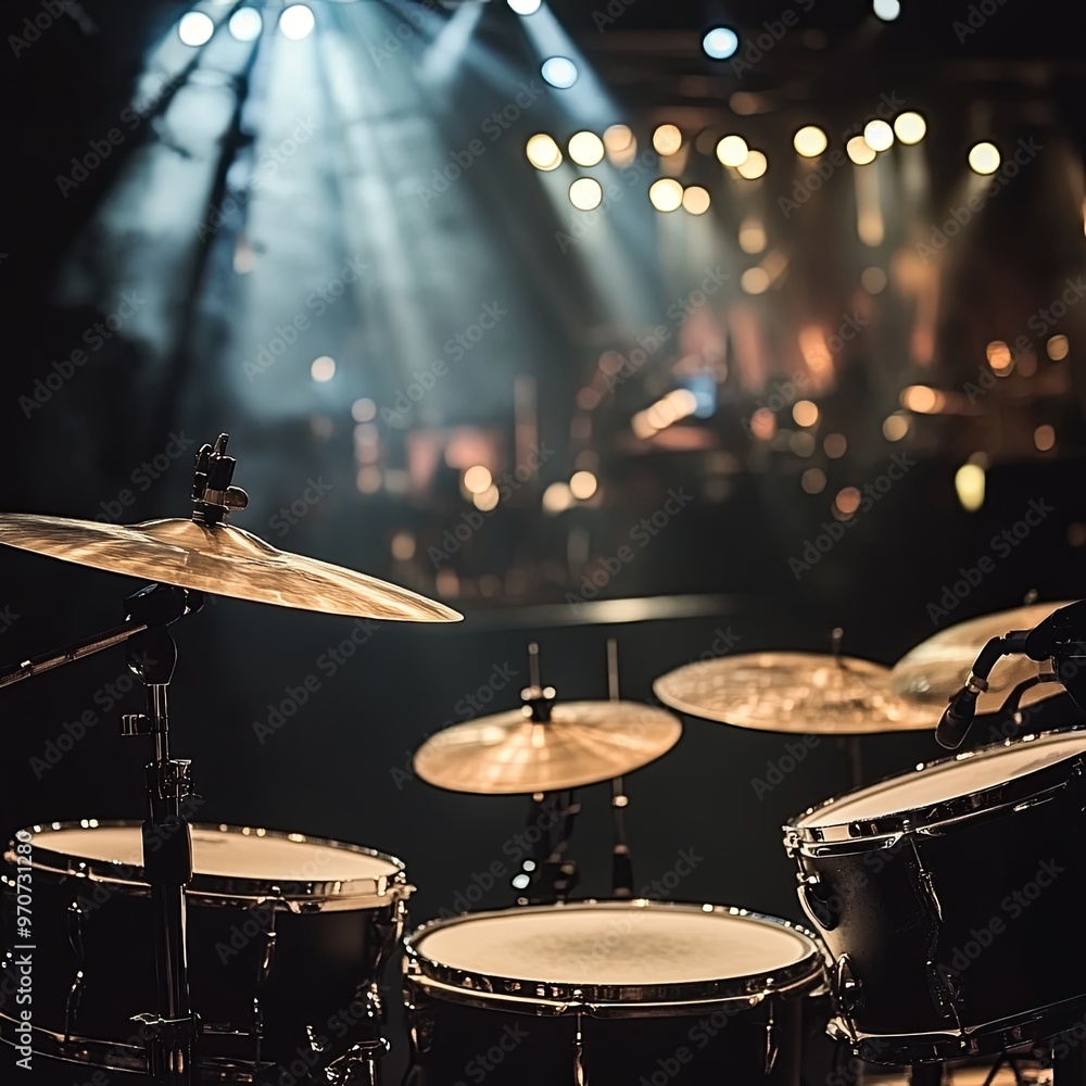 Fototapeta premium Modern drum set on black stage background prepared for playing. Professional drum kit with some cymbals on stage before a live concert. Drummer, music band, night show, sound recording concept