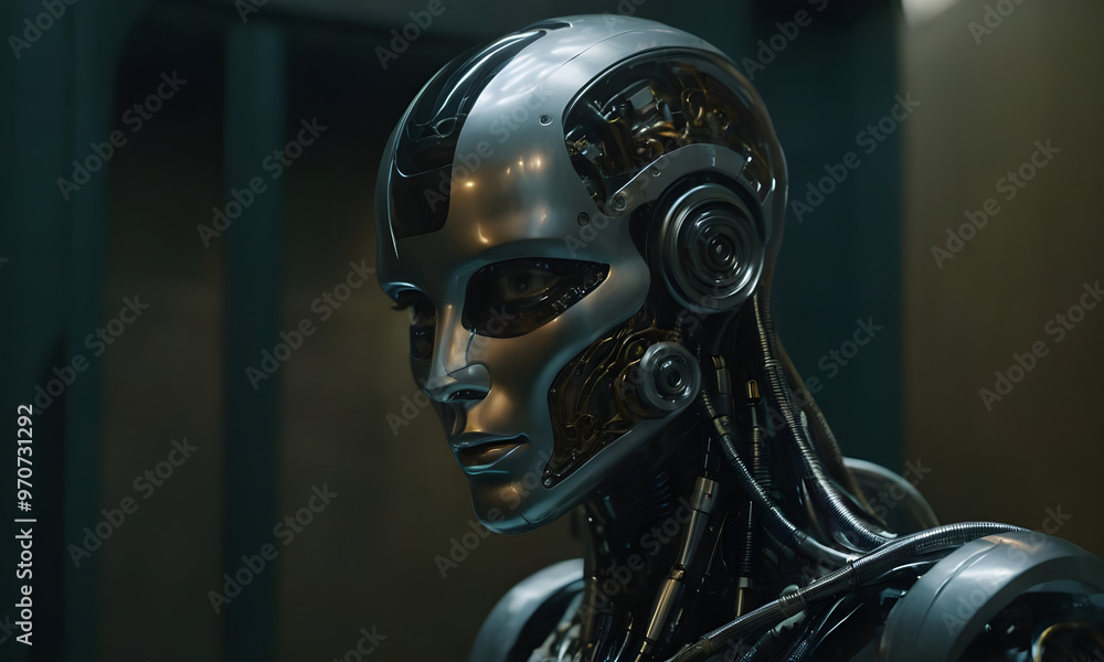 Realistic android robot woman looking away from camera Realistic android robot woman looking away from camera
