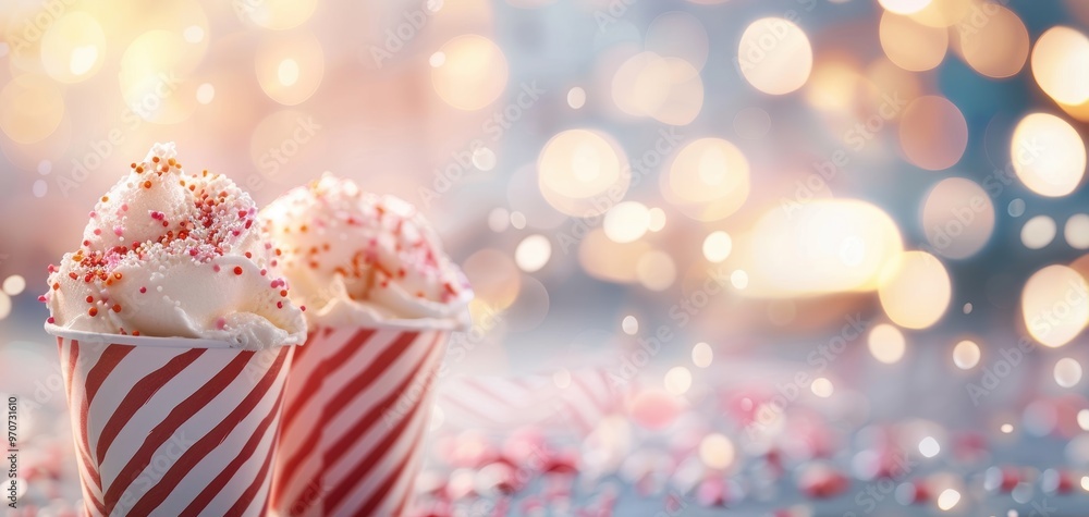 Fototapeta premium Delicious ice cream cups topped with sprinkles, perfect for festive celebrations and creating joyful moments.