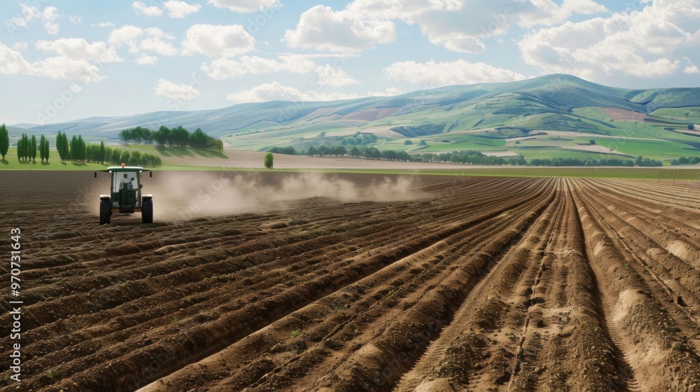 Fototapeta premium A sensor equipped plow traversing a field measuring soil density and moisture levels to create the perfect environment for planting