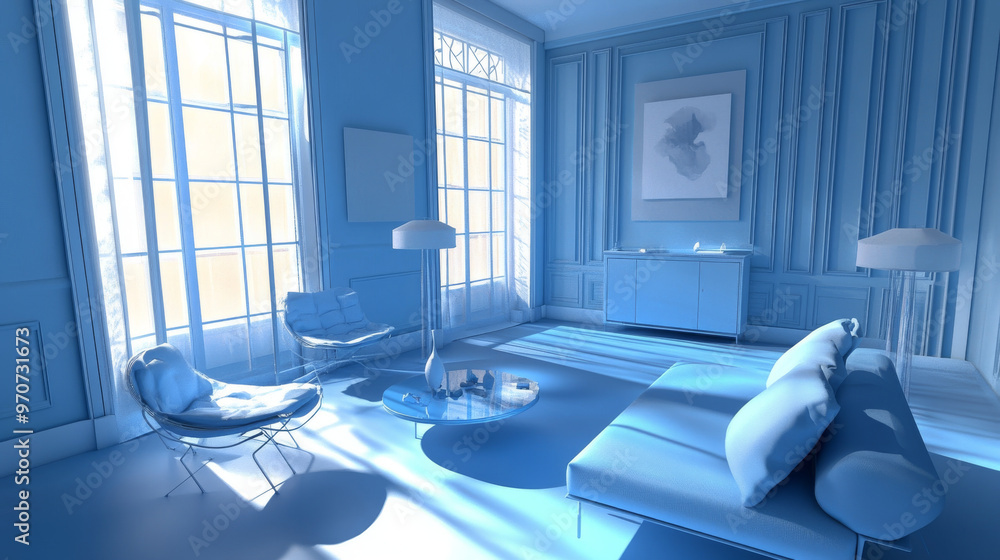 A computer-generated image of a blue room with furniture. The room has a single color scheme and is rendered in 3D. A computer-generated image of a blue room with furniture. The room has a single color scheme and is rendered in 3D.