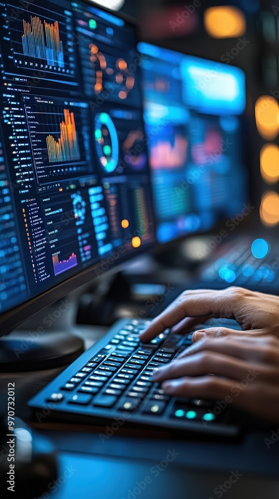 Close-up of a person coding on multiple screens displaying data analytics in a modern workspace, highlighting intense focus and advanced technology. Close-up of a person coding on multiple screens displaying data analytics in a modern workspace, highlighting intense focus and advanced technology.