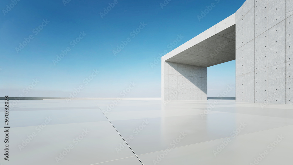 Fototapeta premium 3d render of abstract modern concrete architecture with empty cement floor, minimal exterior, car presentation background