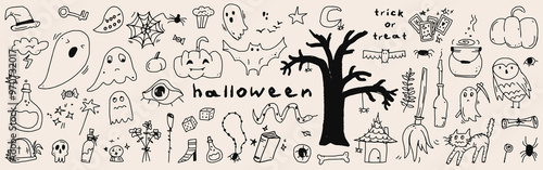 Happy Halloween set with pumpkins, bat, ghosts and decoration carnival elements. Mystical magic collection clip art. Trendy modern doodle vector illustration. hand-drawn vector art