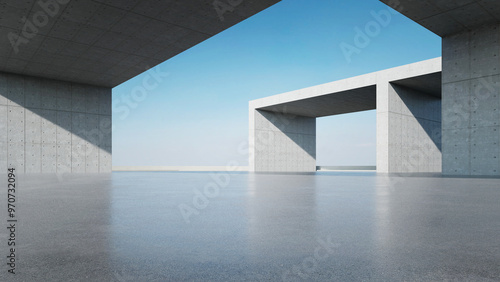 Fototapeta Naklejka Na Ścianę i Meble -  3d render of abstract modern concrete architecture with empty cement floor, minimal exterior, car presentation background