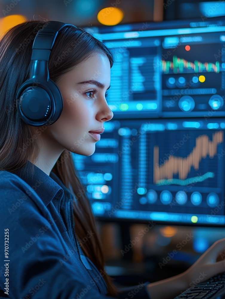 Focused professional working on financial analysis with multiple monitors displaying graphs and data, wearing headphones. Focused professional working on financial analysis with multiple monitors displaying graphs and data, wearing headphones.