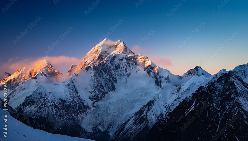 Obraz premium Snow-covered mountain peaks at dawn