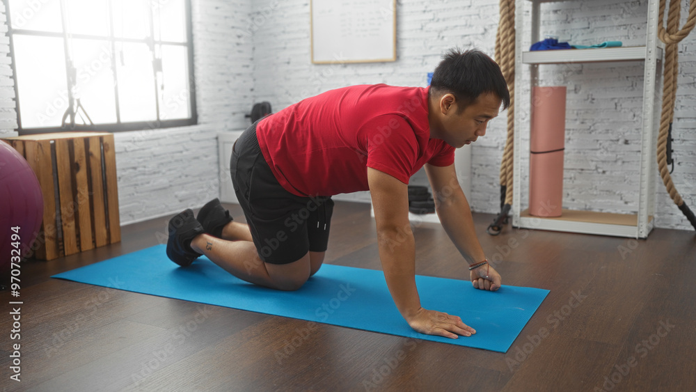 A young asian man in a red shirt and black shorts prepares to exercise on a blue mat within a modern, indoor gym setting featuring ropes and shelves. A young asian man in a red shirt and black shorts prepares to exercise on a blue mat within a modern, indoor gym setting featuring ropes and shelves.