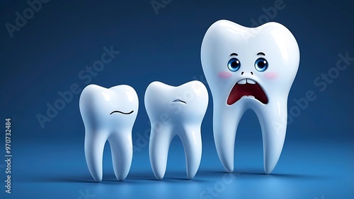 Cartoon white tooth character with sad expression, crack and damage on dark blue gradient background. 3d render with copy space, dental health and oral hygiene concept