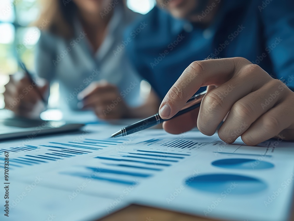 Close-up of business professionals analyzing financial data on graphs. Focus on hand with pen pointing at charts. Teamwork, analysis, strategy. Close-up of business professionals analyzing financial data on graphs. Focus on hand with pen pointing at charts. Teamwork, analysis, strategy.