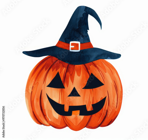 A cheerful watercolor illustration of a pumpkin wearing a witch hat, symbolizing Halloween, autumn, festive spirit, magic, and playful charm.