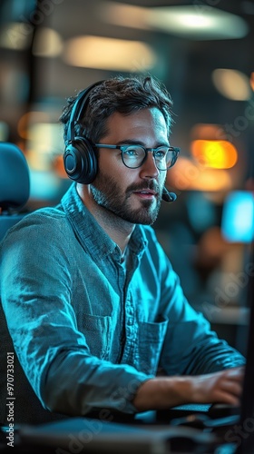 Focused man in a headset working on a computer in a dimly lit room, possibly a tech support or customer service professional.