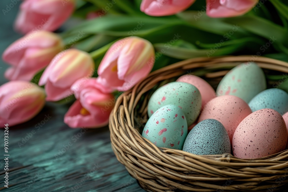 Colorful eggs hidden in a woven basket amidst blooming pink tulips. A seasonal backdrop featuring space for words. Detailed close-up view Colorful eggs hidden in a woven basket amidst blooming pink tulips. A seasonal backdrop featuring space for words. Detailed close-up view
