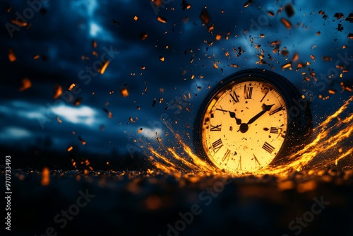 A clock face, engulfed in flames, explodes into a fiery sky. This symbolizes the fleeting nature of time, the passage of moments, and the inevitability of change. The intense glow of the fire emphasiz photo