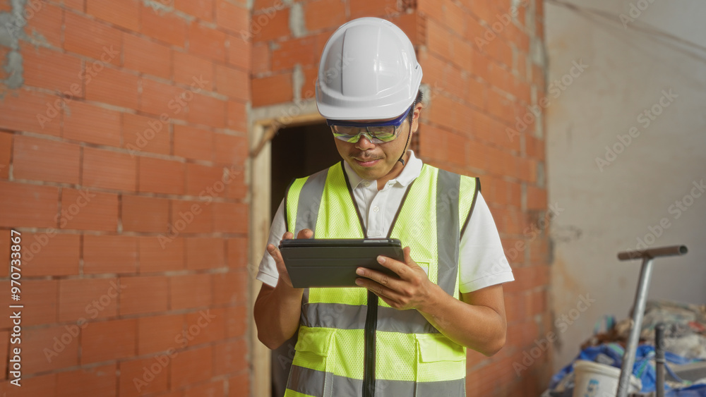 Handsome asian man in construction site wearing safety gear and using tablet while standing indoors with brick wall background Handsome asian man in construction site wearing safety gear and using tablet while standing indoors with brick wall background