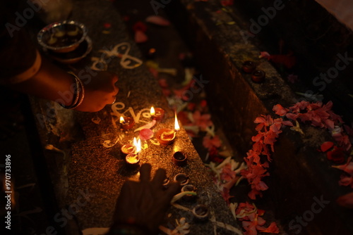 Indian Traditional Oil Lamp with Flame photo