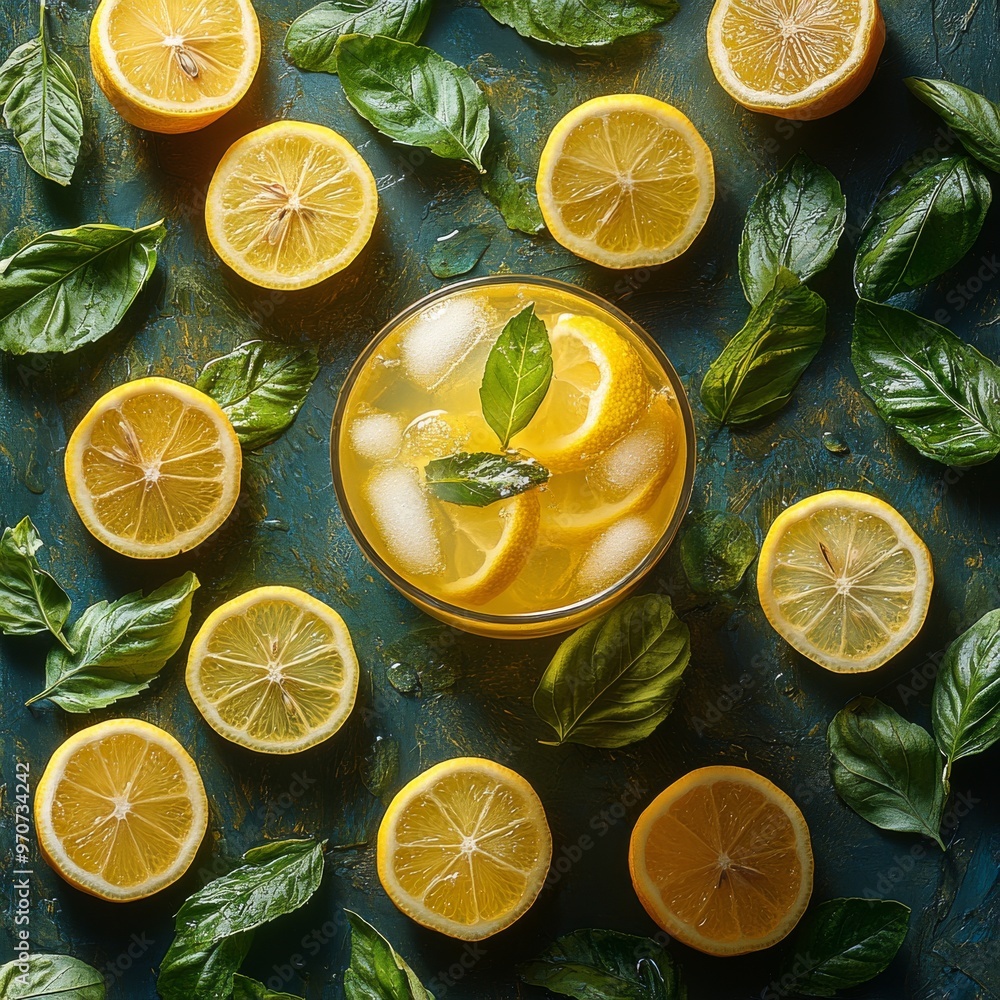 A refreshing glass of lemonade with slices of lemon and vibrant green leaves. Generative AI A refreshing glass of lemonade with slices of lemon and vibrant green leaves. Generative AI