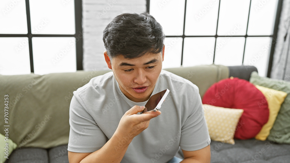 Young asian man using smartphone in a modern living room setting with colorful pillows Young asian man using smartphone in a modern living room setting with colorful pillows