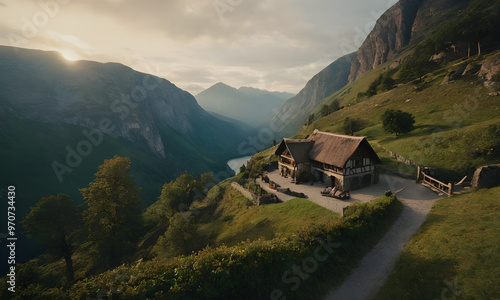 Wallpaper Mural Traditional stone house overlooking mountains and lake at sunset Torontodigital.ca