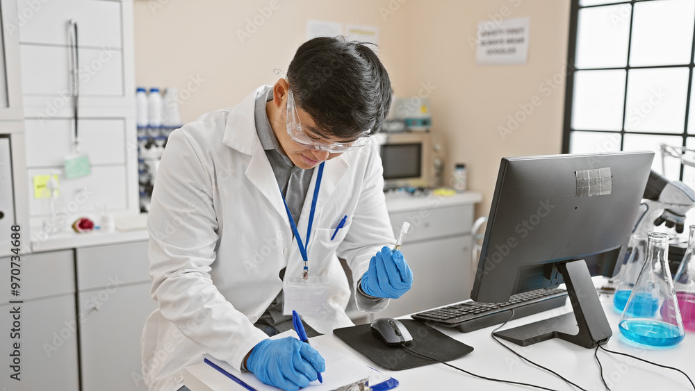 A focused asian man in lab coat analyzing samples in a modern laboratory setting, surrounded by scientific equipment. A focused asian man in lab coat analyzing samples in a modern laboratory setting, surrounded by scientific equipment.