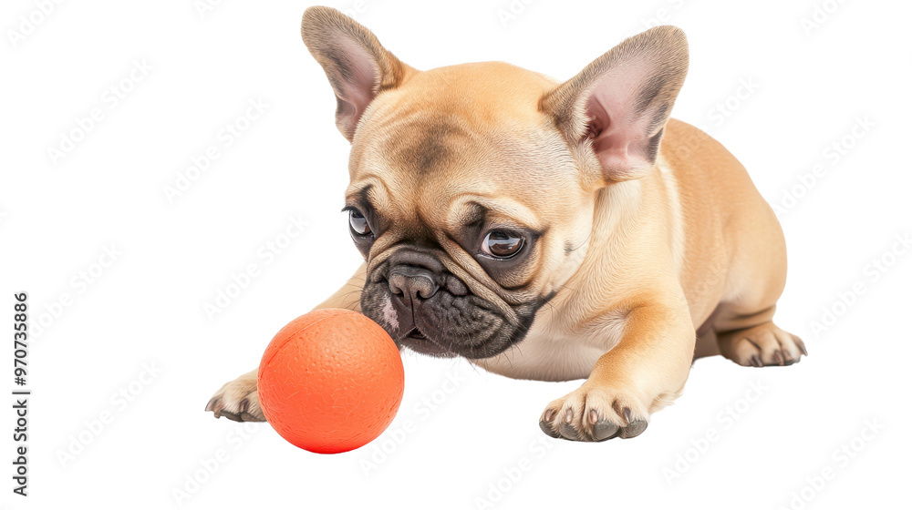 Fototapeta premium A playful French Bulldog puppy engaged with a bright orange ball, showcasing its adorable features and playful spirit.