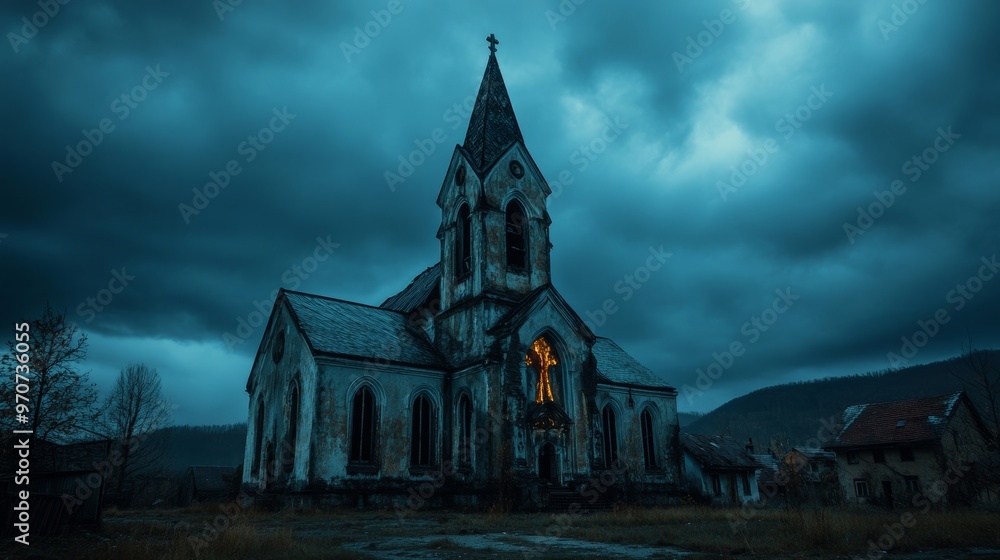 Ancient abandoned Church against a dark sky. Cityscape on Halloween copy space Ancient abandoned Church against a dark sky. Cityscape on Halloween copy space