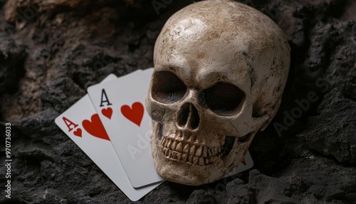 Explain how the skull and cards could represent a villain or anti-hero in a fantasy world, who manipulates fate and luck to their advantage photo