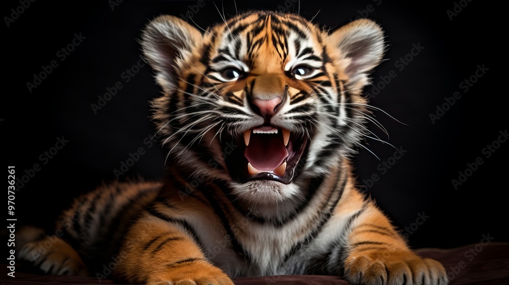 Fototapeta premium Young tiger cub roaring fiercely while lying against a dark background