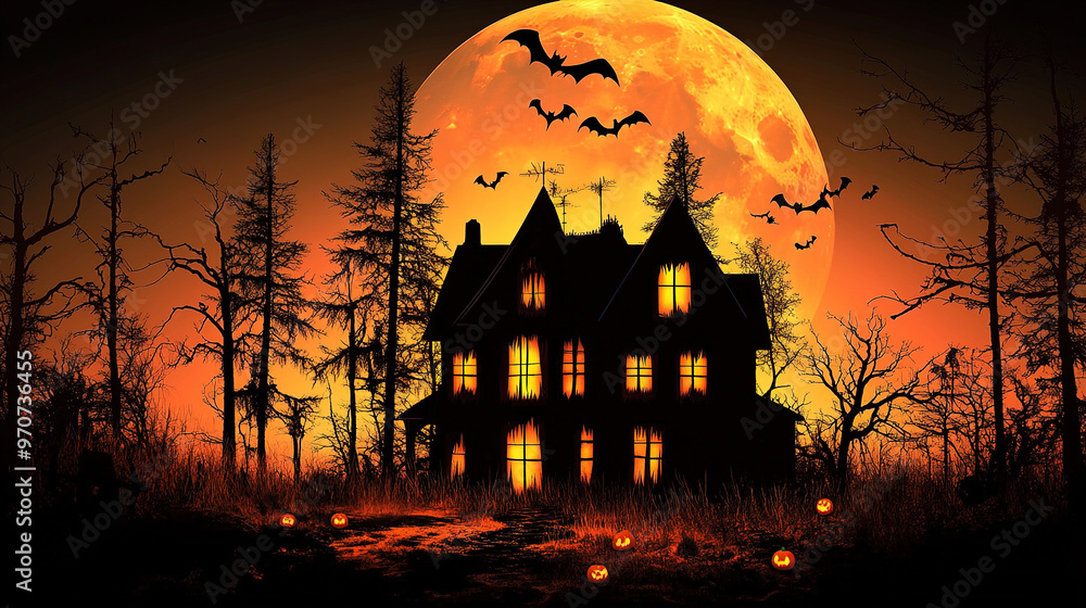 Haunted house and castle at Halloween night with eerie glowing windows ...