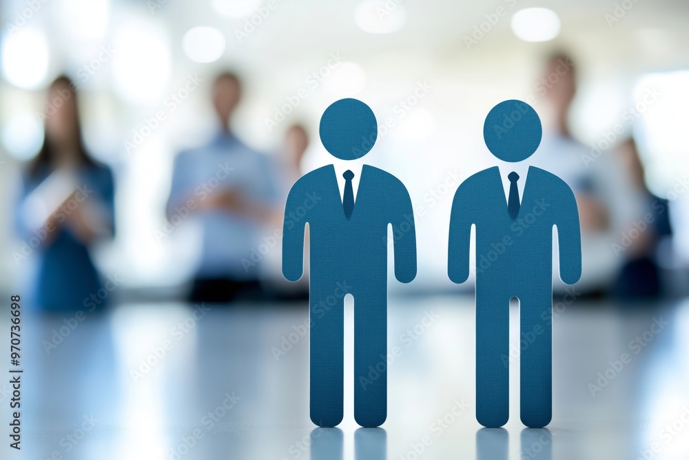 Two human figure icons in suits standing together, with a blurred office background, representing teamwork, collaboration, and professionalism in a modern business environment Two human figure icons in suits standing together, with a blurred office background, representing teamwork, collaboration, and professionalism in a modern business environment
